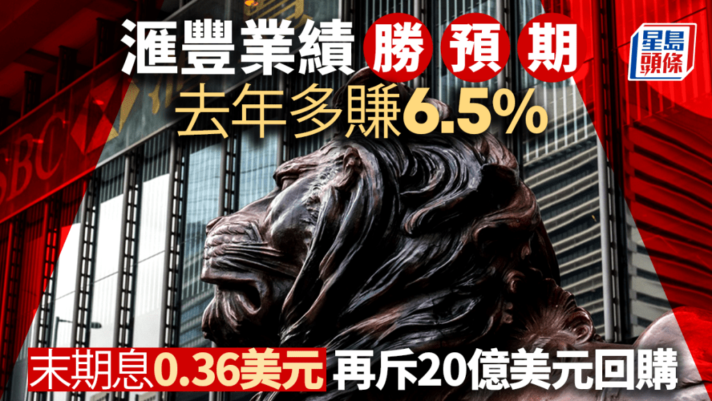 滙豐去年多賺6.5%‎勝預期 末期息0.36美元 再斥20億美元回購