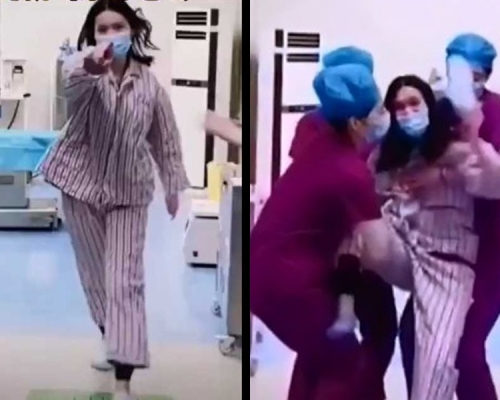 內地有產婦忍痛分娩後,即衝出產房追打老公。影片截圖