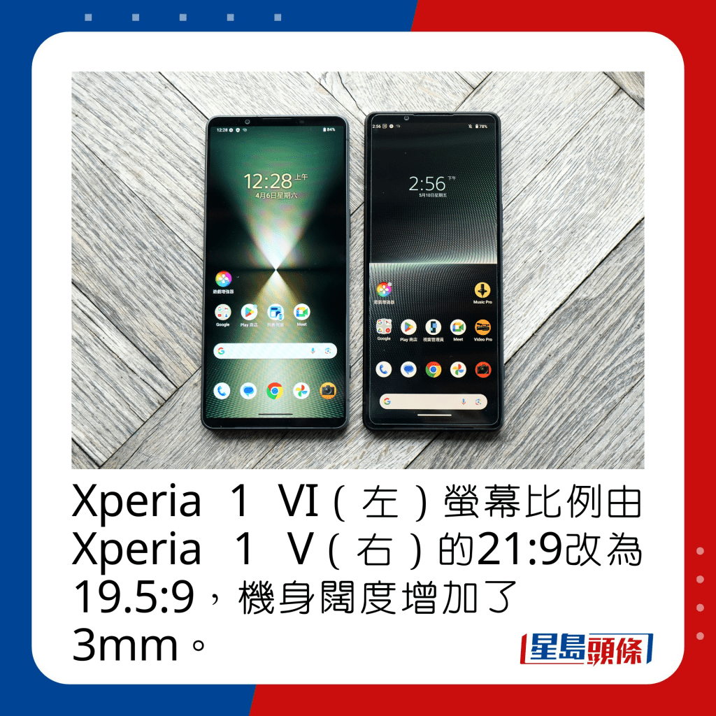 Xperia 1 VI（左）螢幕比例由Xperia 1 V（右）的21:9改為19.5:9，機身闊度增加了3mm。