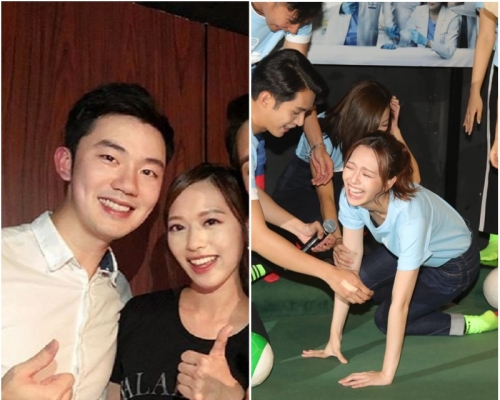 馮盈盈與男朋友「寶寶」(左);馮盈盈不慎仆倒(右)。
