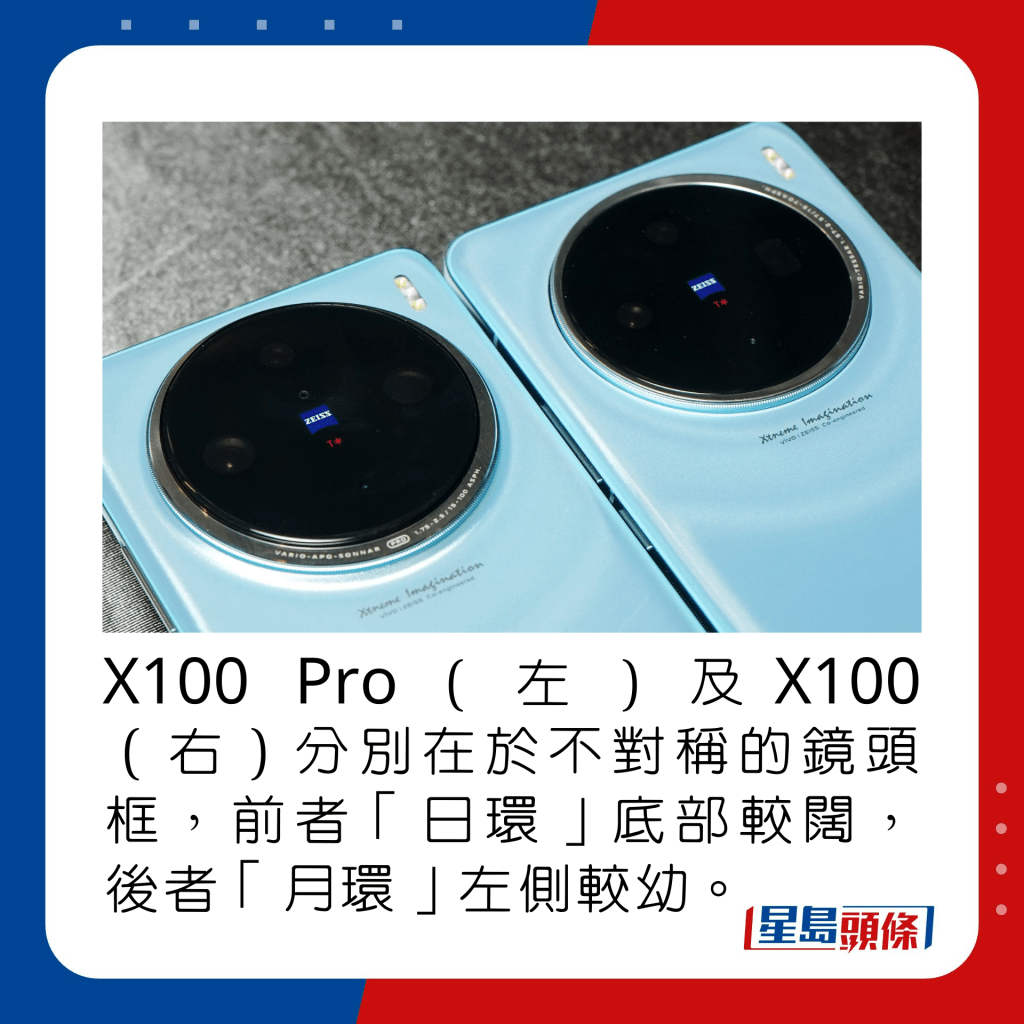 X100 Pro（左）及X100（右）分别在于不对称的镜头框，前者「日环」底部较阔，后者「月环」左侧较幼。