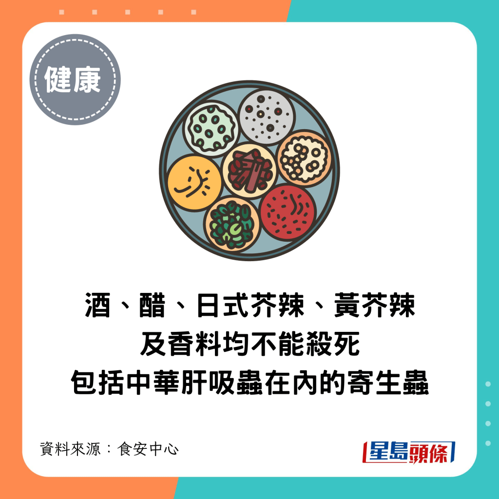 酒、醋、日式芥辣、黃芥辣及香料均不能殺死包括中華肝吸蟲在內的寄生蟲