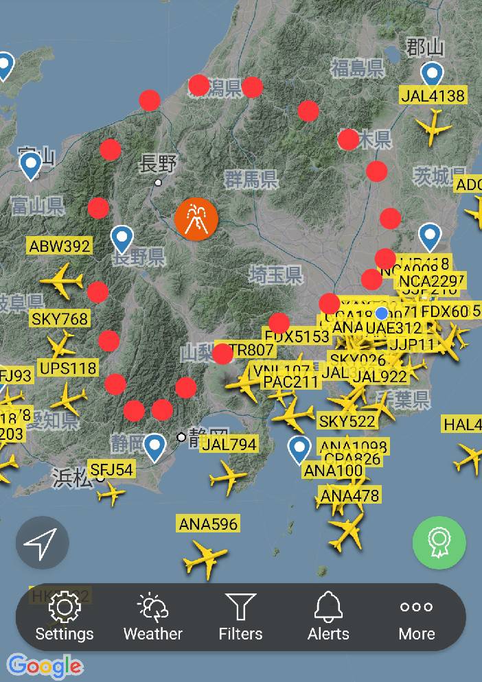航班都避開浅間山。網上圖片