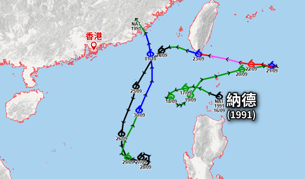 1991年「納德」的路徑。天文台《天氣隨筆》 1991年「納德」的路徑。天文台《天氣隨筆》