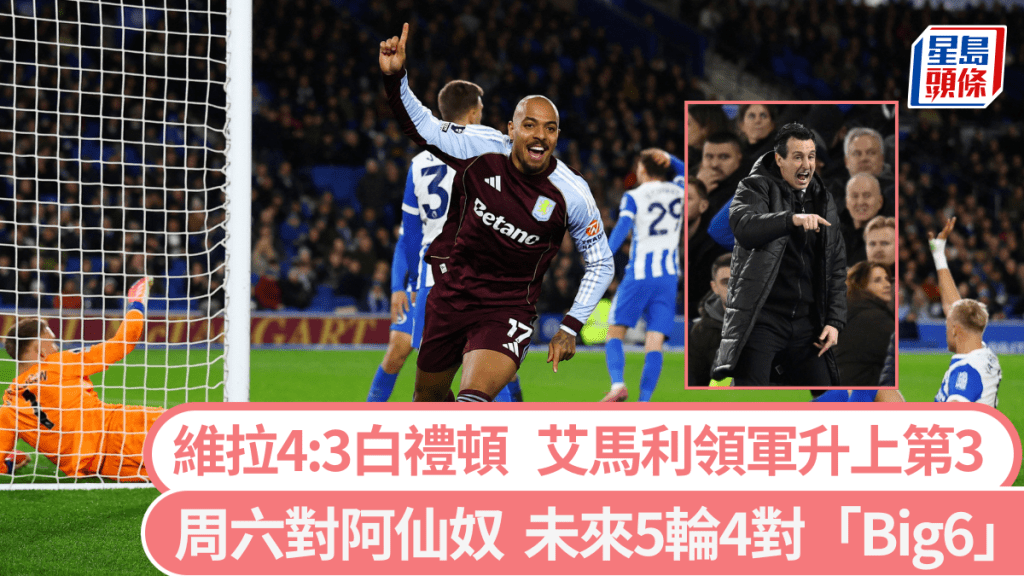 阿士東維拉4:3白禮頓，艾馬利領軍升上第3。路透社