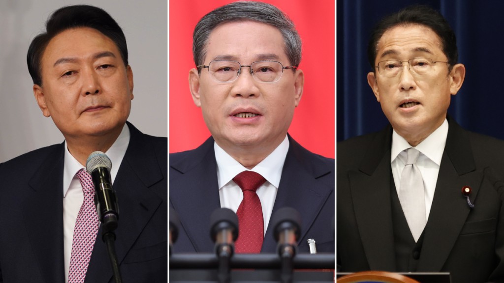 日媒報道，中日韓三國峰會將於5月26、27日在韓國首爾舉行。（左起：尹錫悅、李強、岸田文雄）（新華社）