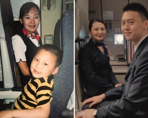 許多網民感慨，空姐一點也沒變，小男童卻長大了。　網圖