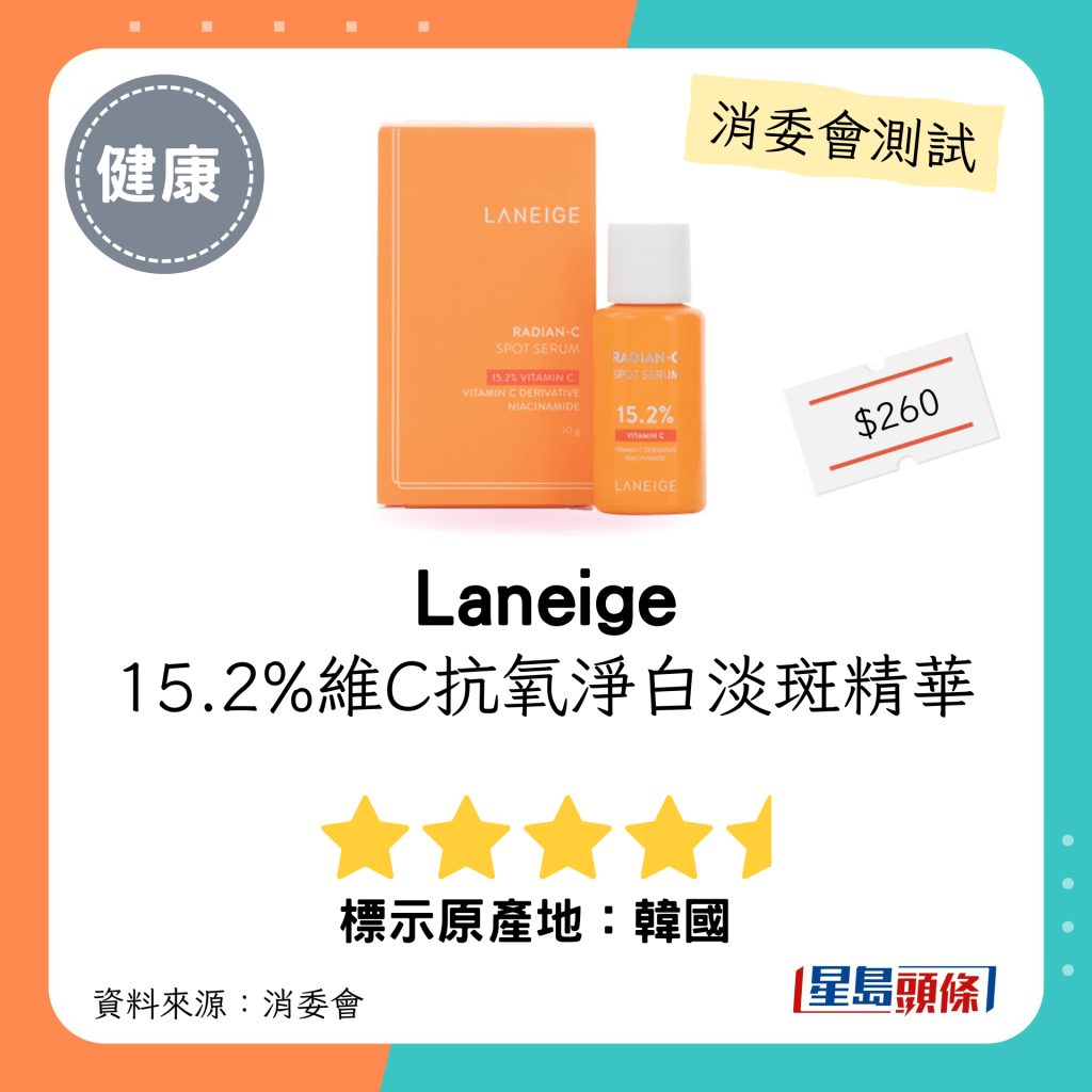 消委会维他命C护肤品测试｜「Laneige」15.2%维C抗氧净白淡斑精华（10克）