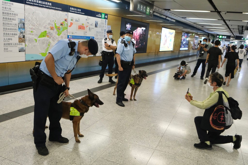 有市民特意为警犬拍照。
