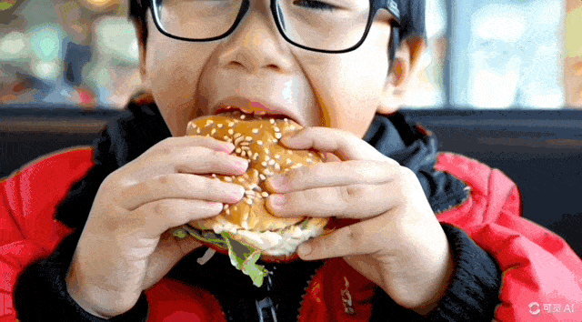 提示词：一个戴眼镜的中国男孩在快餐店内闭眼享受美味的芝士汉堡。