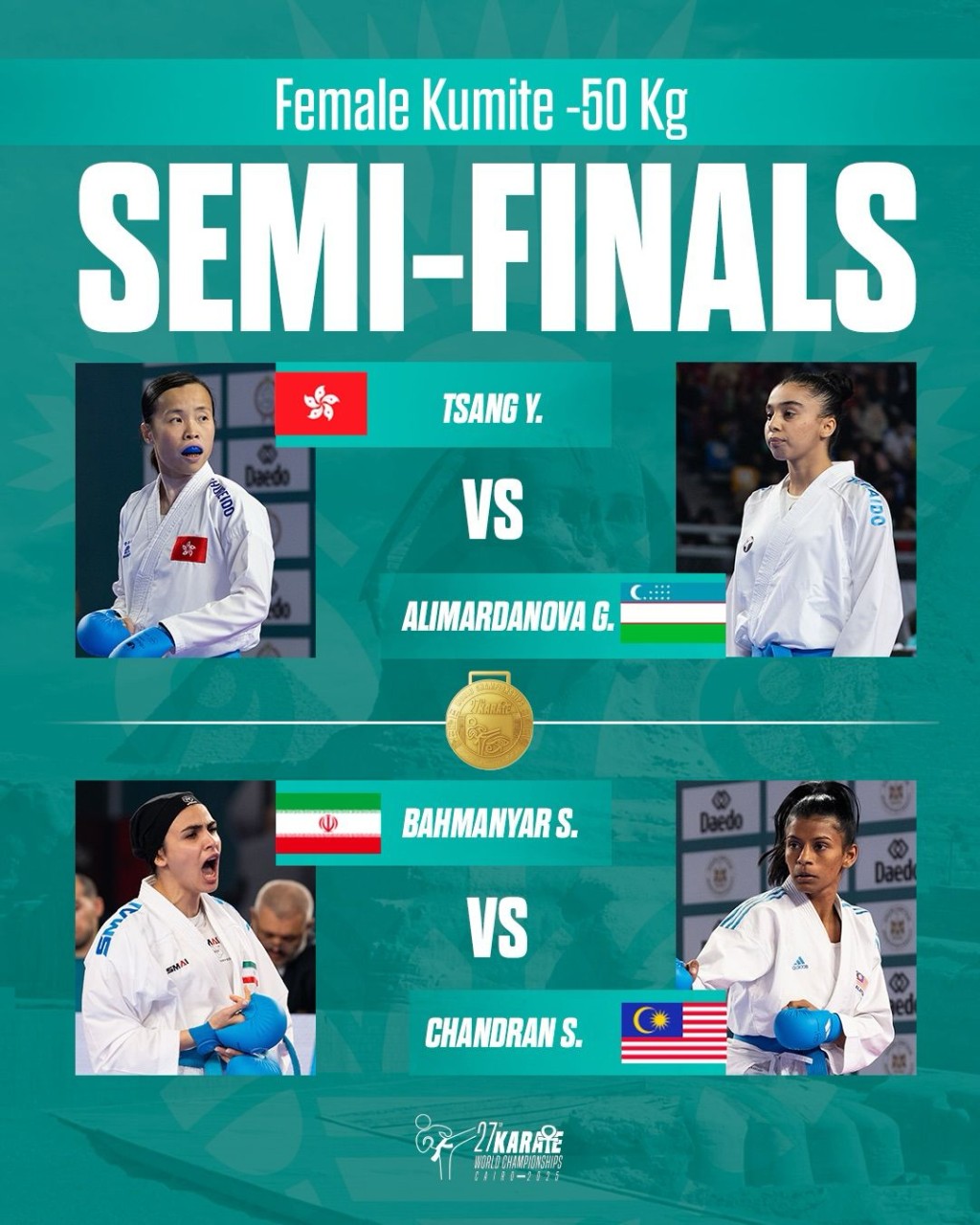 表現優異的曾綺婷(上圖左)在四強不敵烏茲別克對手(上圖右),無緣決賽。WKF FB圖 表現優異的曾綺婷(上圖左)在四強不敵烏茲別克對手(上圖右),無緣決賽。WKF FB圖