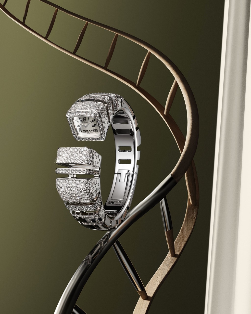 Reflection de Cartier腕錶，鍍銠白金鋪鑲圓形明亮式切割鑽石（6.62卡）、銀色噴砂錶盤、鍍銠飾面精鋼劍形指針，搭載石英機芯。（$595,000）