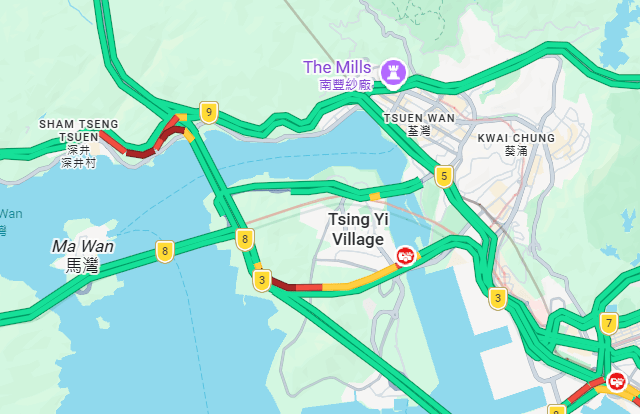 至晚上7時半，長青隧道一帶仍交通繁忙。Google Map