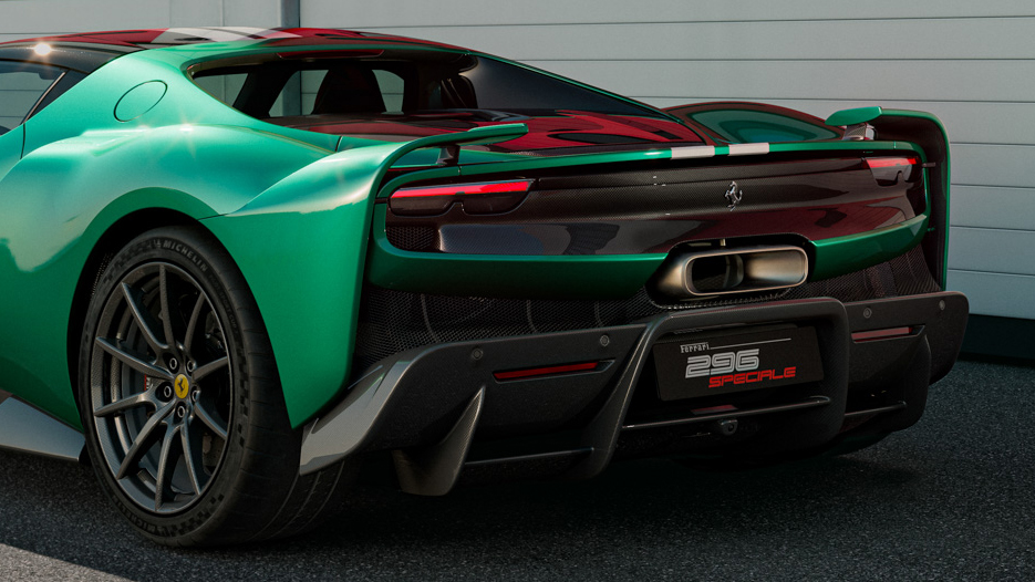 法拉利Ferrari 296 Speciale加強版車尾兩側增設獨立小型翼片,尾喉設計跟F80相同。