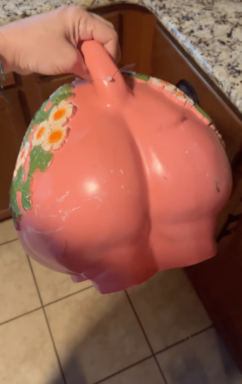 卡翠娜在當地一間Goodwill商店，以10.99美元（約86港元）買下一個被多人形容為「醜得嚇人」的復古粉紅豬錢罌。