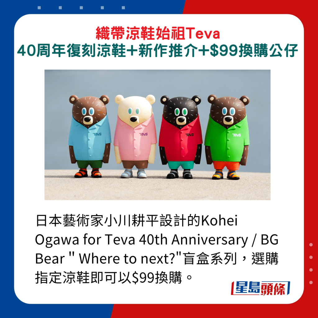 日本藝術家小川耕平設計的Kohei Ogawa for Teva 40th Anniversary / BG Bear＂Where to next?"盲盒系列，選購指定涼鞋即可以$99換購。