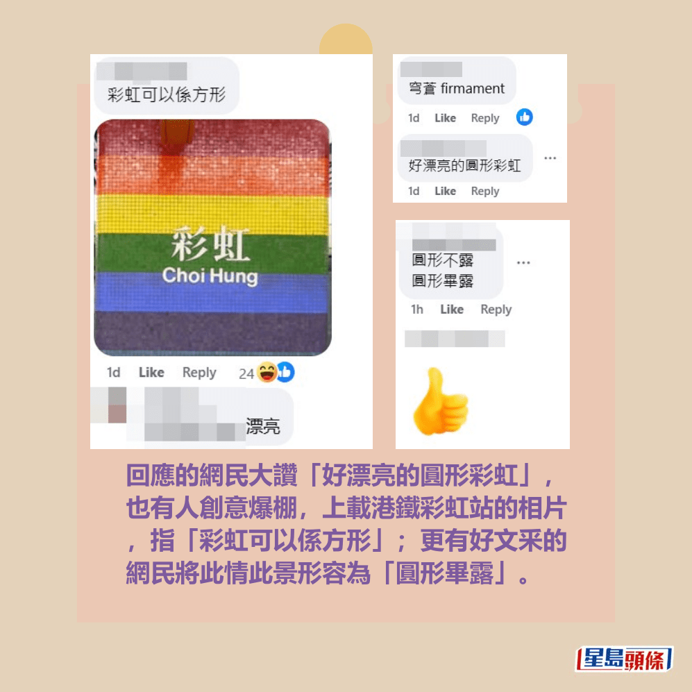 回應的網民大讚「好漂亮的圓形彩虹」, 也有人創意爆棚,上載港鐵彩虹站的相片 ,指「彩虹可以係方形」;更有好文釆的 網民將此情此景形容為「圓形畢露」。天文台fb截圖 回應的網民大讚「好漂亮的圓形彩虹」, 也有人創意爆棚,上載港鐵彩虹站的相片 ,指「彩虹可以係方形」;更有好文釆的 網民將此情此景形容為「圓形畢露」。天文台fb截圖