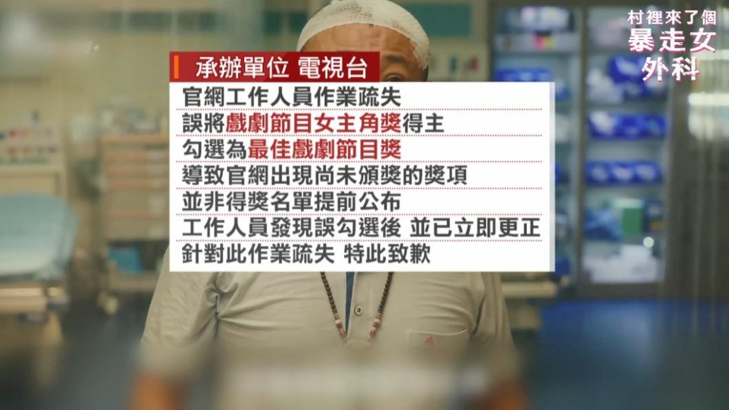 對此三立電視回應台灣《TVBS新聞網》，「因工作人員作業疏失，誤將『戲劇節目女主角』得主，勾選為『戲劇節目獎』。」