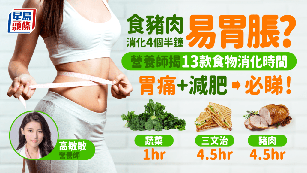 食三文治豬肉在胃裡要消化4個半鐘!營養師揭13款飽肚及易胃脹食物。