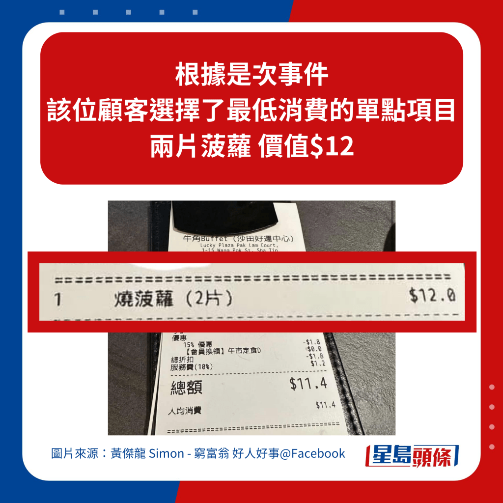 根據是次事件，該位顧客選擇了最低消費的單點項目，兩片菠蘿價值$12。