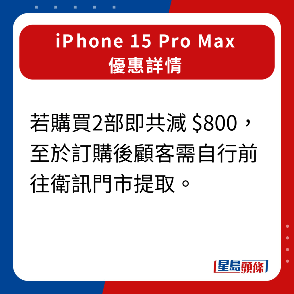 卫讯iPhone 15 Pro Max优惠详情｜若购买2部即共减 $800，至于订购后顾客需自行前往卫讯门市提取。
