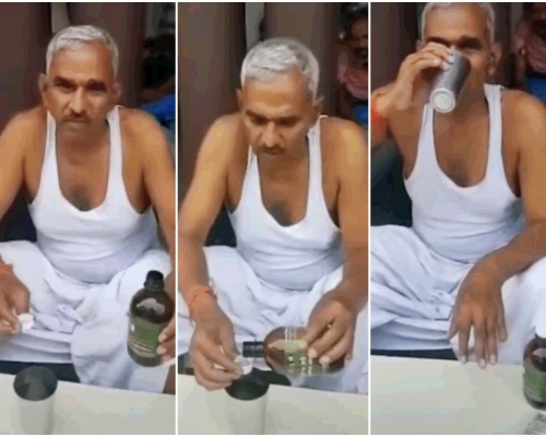 印度人民黨議員辛格拍攝宣傳牛尿有防新冠病毒功效的影片，並親身示範飲牛尿的過程。影片截圖
