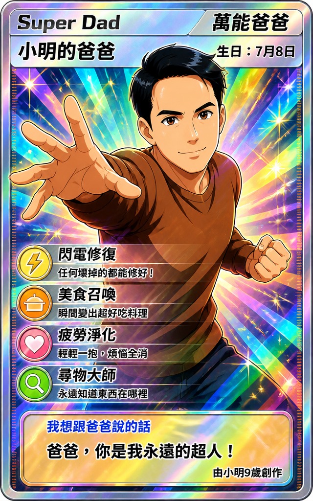 将爸爸的强项与造型设计成游戏卡,所有参赛作品均会制作成实体卡一张以作留 念,并于港青耀信展览中公 开展出,更有机会角逐冠、 亚、季军,获取丰富奖品。(图片来源:受访者提供) 将爸爸的强项与造型设计成游戏卡,所有参赛作品均会制作成实体卡一张以作留 念,并于港青耀信展览中公 开展出,更有机会角逐冠、 亚、季军,获取丰富奖品。(图片来源:受访者提供)