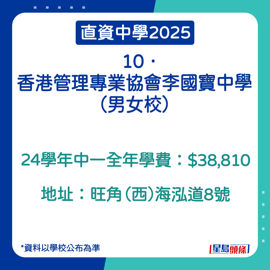 香港管理專業協會李國寶中學的學費。