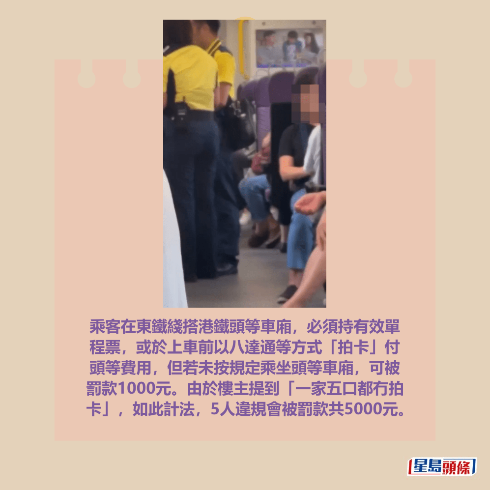 乘客在東鐵綫搭港鐵頭等車廂,必須持有效單 程票,或於上車前以八達通等方式「拍卡」付 頭等費用,但若未按規定乘坐頭等車廂,可被 罰款1000元。由於樓主提到「一家五口都冇拍 卡」,如此計法,5人違規會被罰款共5000元。fb「車cam L(香港群組)」截圖 乘客在東鐵綫搭港鐵頭等車廂,必須持有效單 程票,或於上車前以八達通等方式「拍卡」付 頭等費用,但若未按規定乘坐頭等車廂,可被 罰款1000元。由於樓主提到「一家五口都冇拍 卡」,如此計法,5人違規會被罰款共5000元。fb「車cam L(香港群組)」截圖
