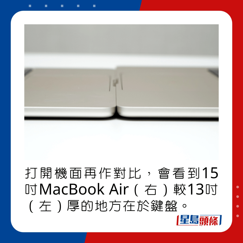 打开机面再作对比，会看到15寸MacBook Air（右）较13寸（左）厚的地方在于键盘。