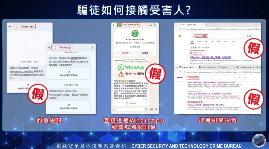 警方分享通訊軟件帳戶騎劫案的常見手法。 警方分享通訊軟件帳戶騎劫案的常見手法。