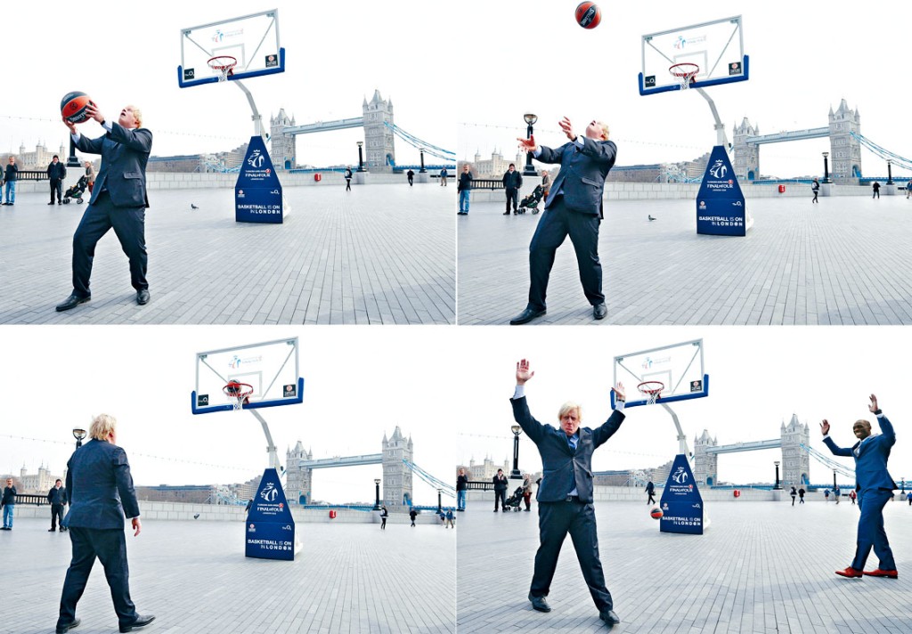 二〇一三年，約翰遜在宣傳歐洲籃球聯賽的活動上背投入籃。