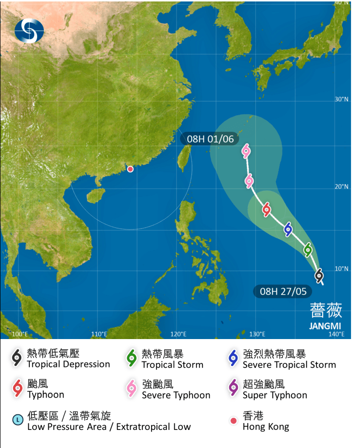 天文台預計將在6月1日增強為強颱風，屆時將接近琉球群島一帶。天文台網頁截圖