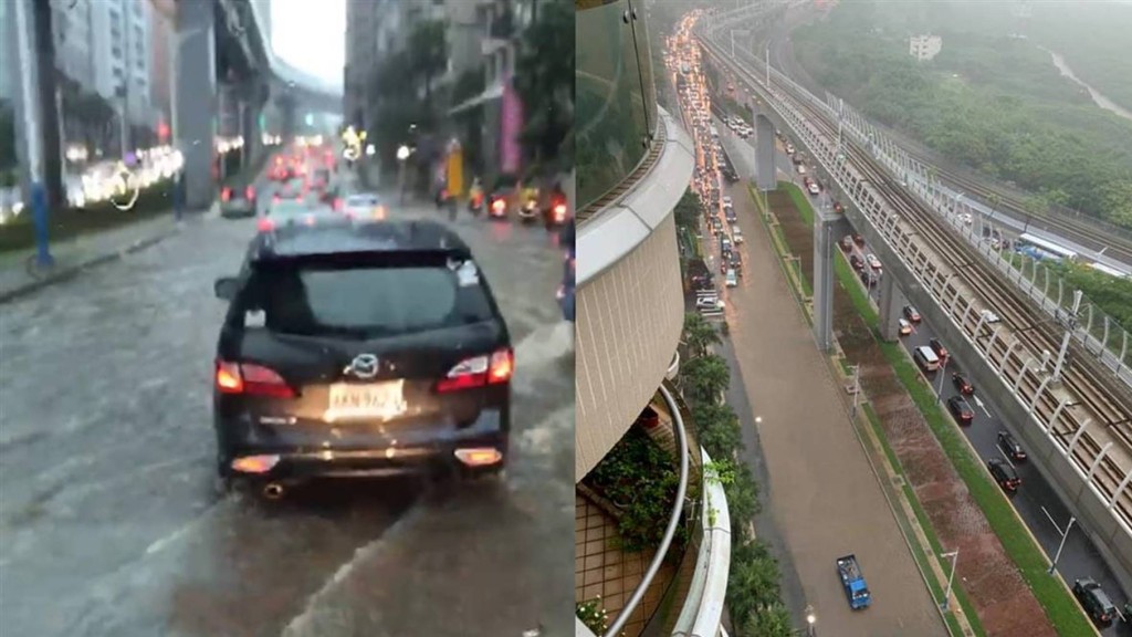 新北市淡水多處馬路變成河流。網上圖片