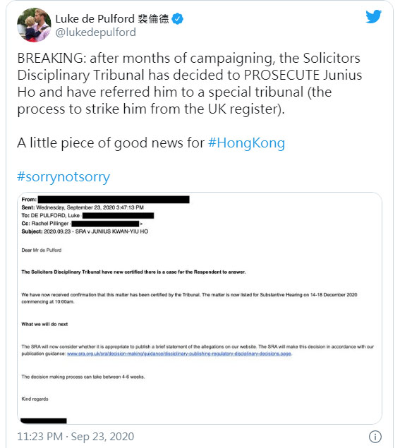 裴倫德在文中上載了英國律師管理局的電郵截圖。 Luke de Pulford  Twitter圖