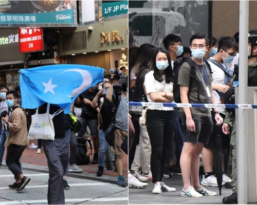 有人揮動疆獨旗幟；梁晃維（右）在百德新街涉嫌非法集結被捕。