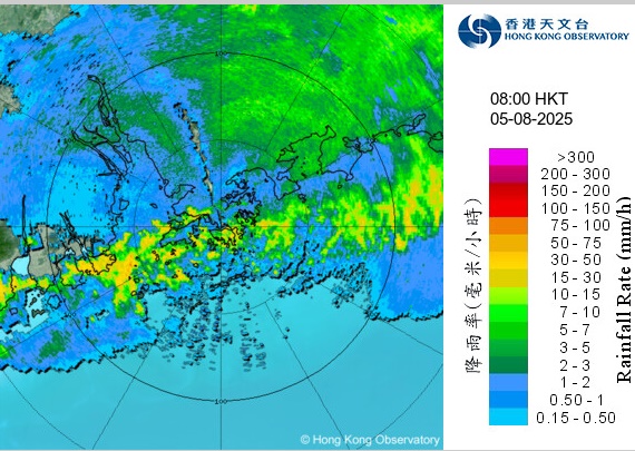 今早約9時半的天氣雷達圖。天文台圖片
