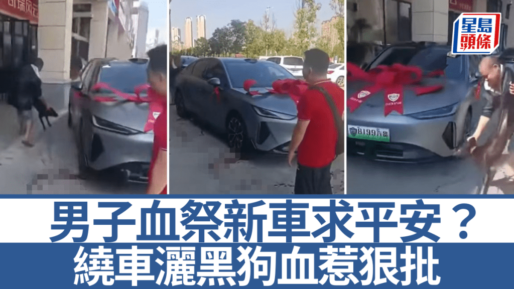 網傳男子持黑狗隻腳繞圈新車，再灑鮮狗血。