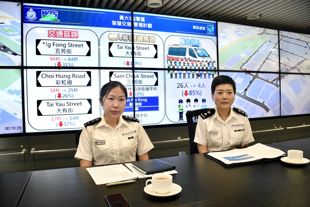 黃大仙警區副指揮官高級警司沈靜芬(右)及黃大仙警區行動主任總督察張泳茵(左)指出，計劃推行後節省超過85%警力。 楊偉亨攝