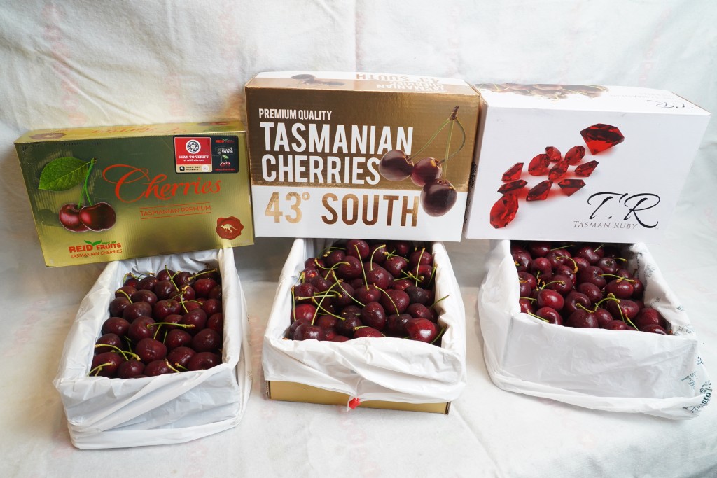 最受港人歡迎的三大塔斯曼尼亞車厘子品牌，金袋鼠車厘子（Reid Fruits Gold Kangaroo） 、漢森果園 43度（Hansen Orchards 43° South）、T.R 紅寶石車厘子 ／紅鑽石車厘子（T.R Tasman Ruby）。