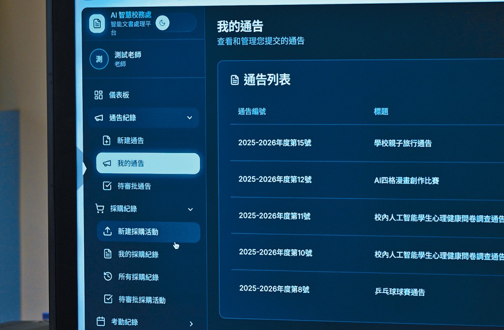 AI智慧校務處平台系統，可以處理通告、教師代課、採購等行政事宜，減輕教師工作量。校長田少斌期望借助科技，釋放教師空間，讓他們專注教學工作。 
