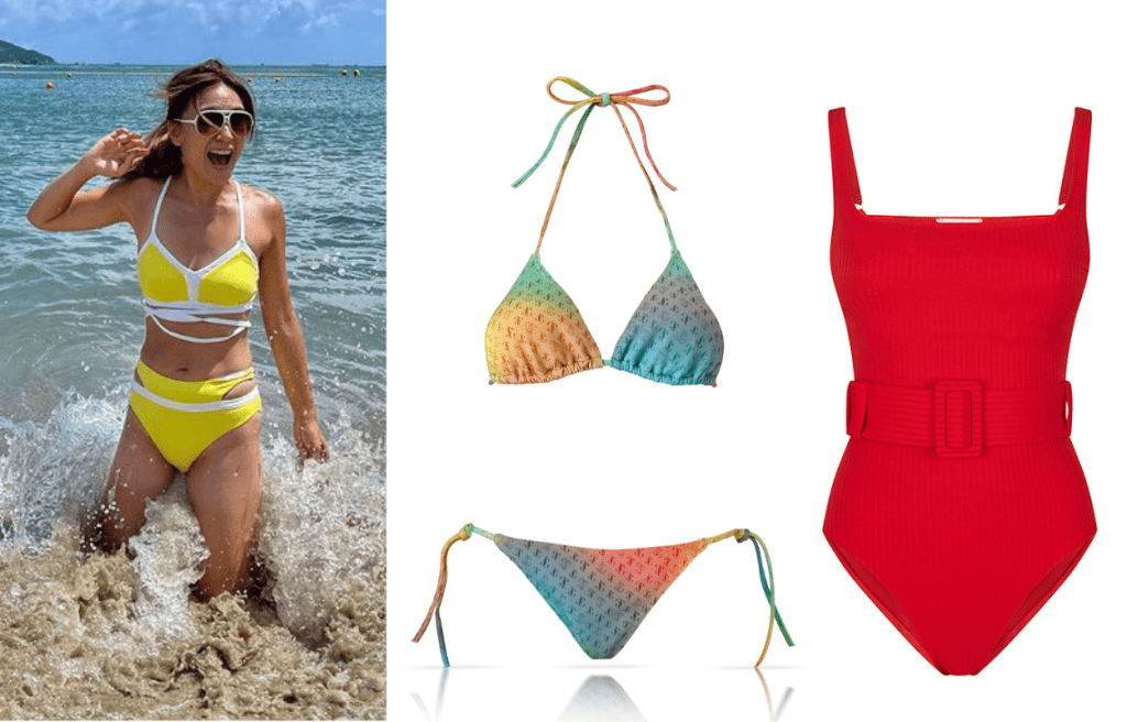 左至右/已身為人母的旅遊節目主持梁芷珮，以黃拼白色兩件式泳衣配搭太陽眼鏡，以亮眼造型享受弄潮樂趣/圖片源自梁芷珮Instagram、Jimmy Choo首個泳衣系列的漸變色比堅尼Top/$1,890/J及Bottom/$1,890/Jimmy Choo、配腰帶紅色一件式泳衣/$2,780/Sheer。