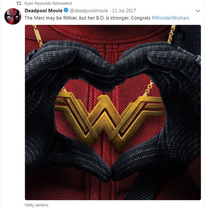 赖恩曾贺电影《神奇女侠》票房报捷。