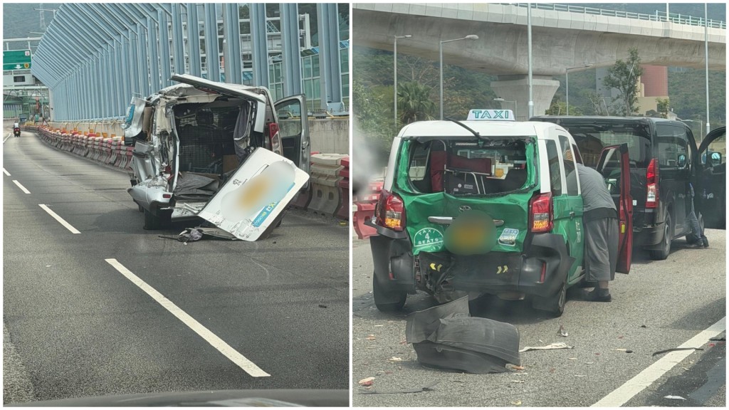 的士及客貨車均嚴重損毀。網圖