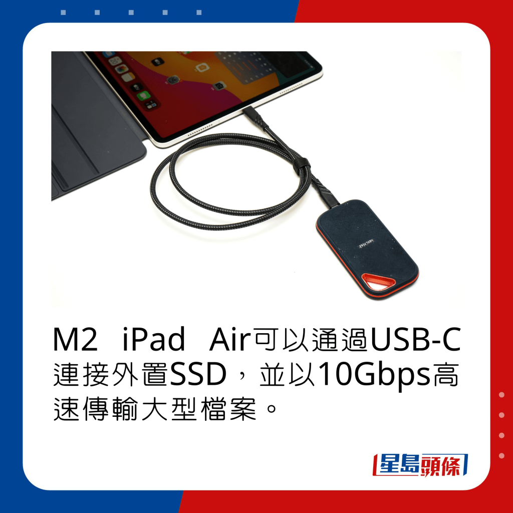 M2 iPad Air可以通过USB-C连接外置SSD，并以10Gbps高速传输大型档案。