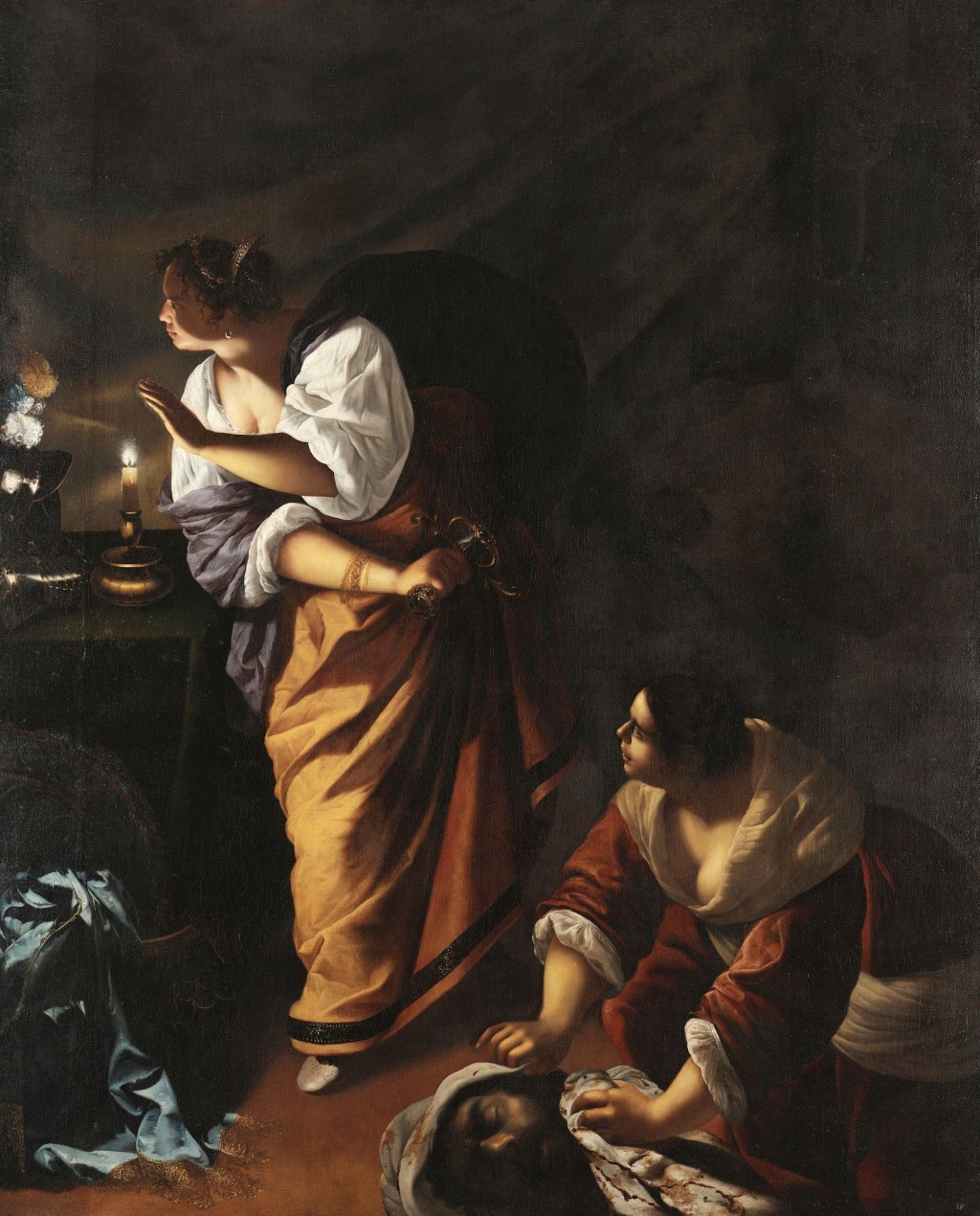 女畫家阿爾泰米西婭的《友弟德管使女割下敖羅斐乃的頭顱》，呈現了多個巴洛克時期的代表性繪畫技巧。