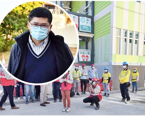 高拔陞(小圖)指臨時醫院興建進度理想,預計本月較後時間竣工,下月內啟用。