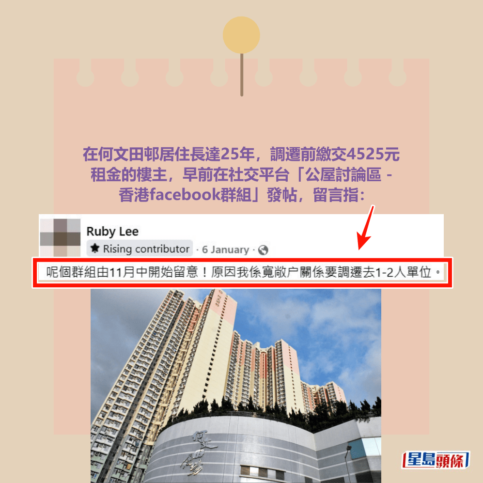 facebook截圖（資料來源：Ruby Lee＠facebook群組「公屋討論區 - 香港facebook群組」）和資料圖片