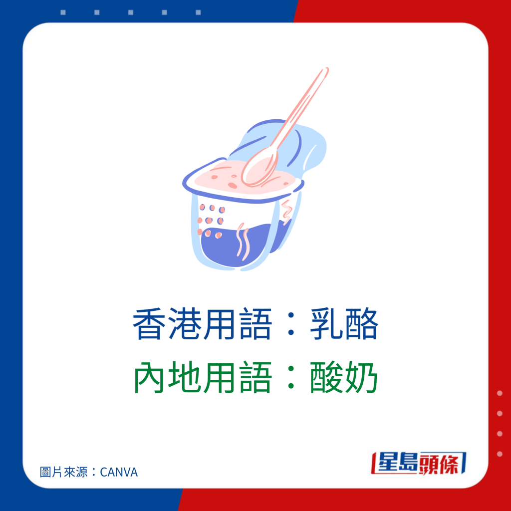 普通話廣東話詞匯對照｜香港用語：乳酪 內地用語：酸奶