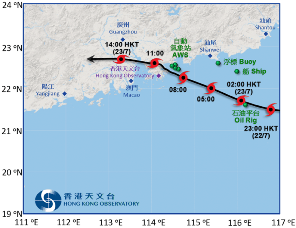 洛克接近香港时的暂定路径图。绿点显示在洛克附近的烈风报告。天文台
